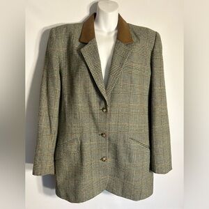 VINTAGE LIZ SPORT KOREA MADE WOMEN’S OLIVE/BROWN/BEIGE PLAID LEATHER BLAZER 14